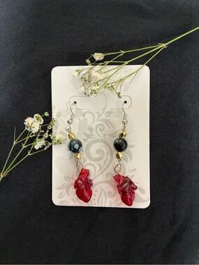 Red Anatomical Heart Dangle Earrings with Black Bead Accents